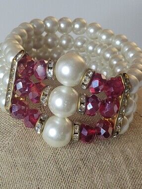 Vintage Style Faux Pearl Rhinestone & Magenta Jewels Three Strand Bracelet Cuff